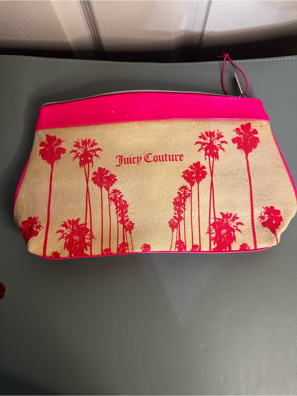 Juicy Couture Beige Canvas Cosmetic Pouch with Hot Pink Palm Print